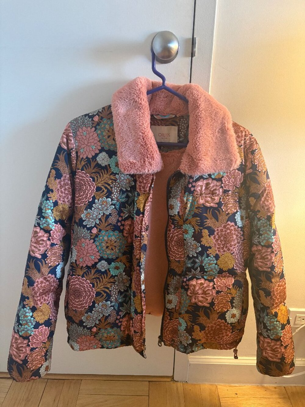 Oilily Floral Down Puffer Coat Faux Fur Collar Size 38